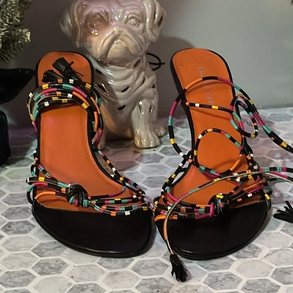 "Size 9 Colin Stuart Lace-Up Leather Strap Sandals: Black Multi-Color - Trendy - Picture 1 of 12